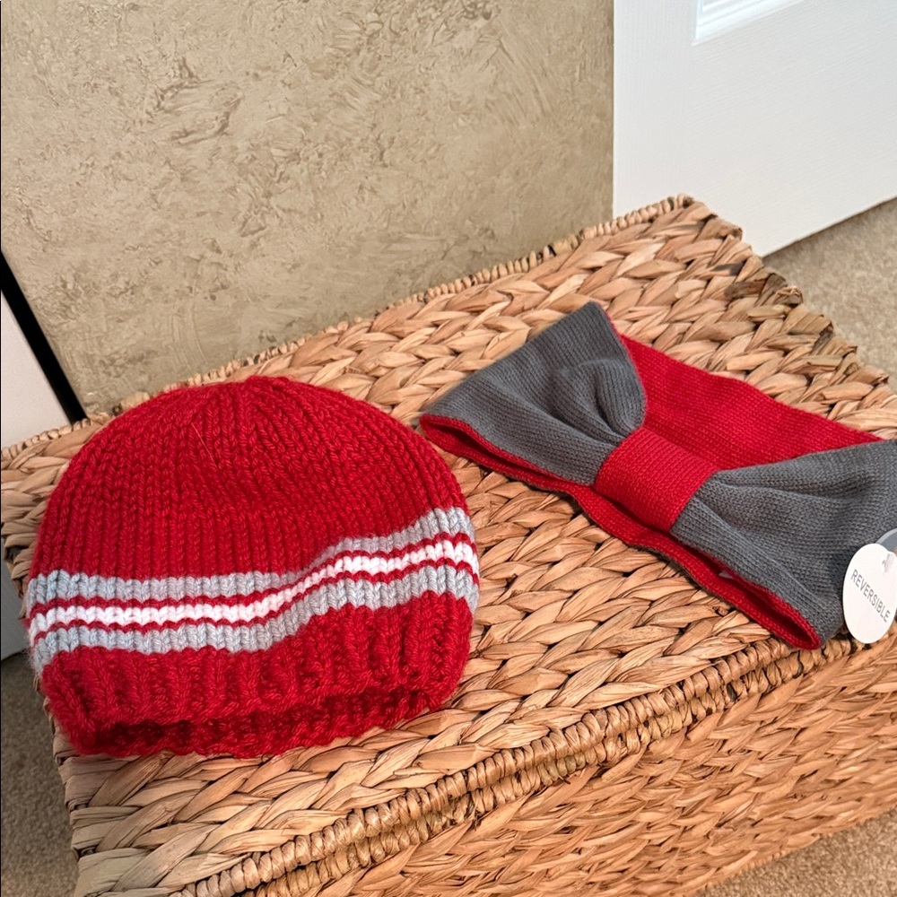 Elegant Red and Gray Knit Hat and Headband by [Brand]